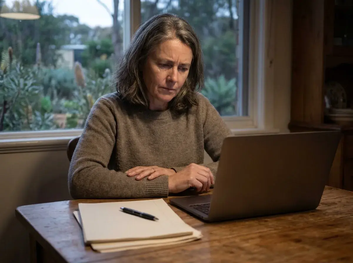 A woman at her kitchen table looks over papers and her laptop before deciding whether to resign.