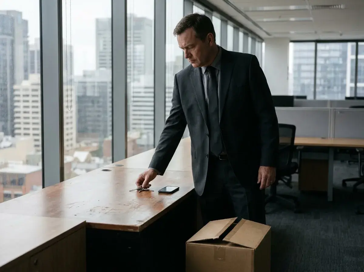 A senior bank manager leaves his keys and work phone on an emptied desk, a packing box at his feet.