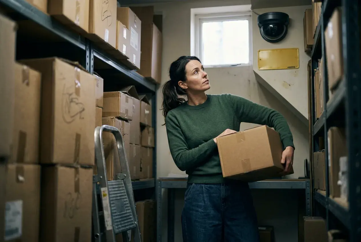 An employee in a stockroom looks up at a visible security camera with a sign beneath it.