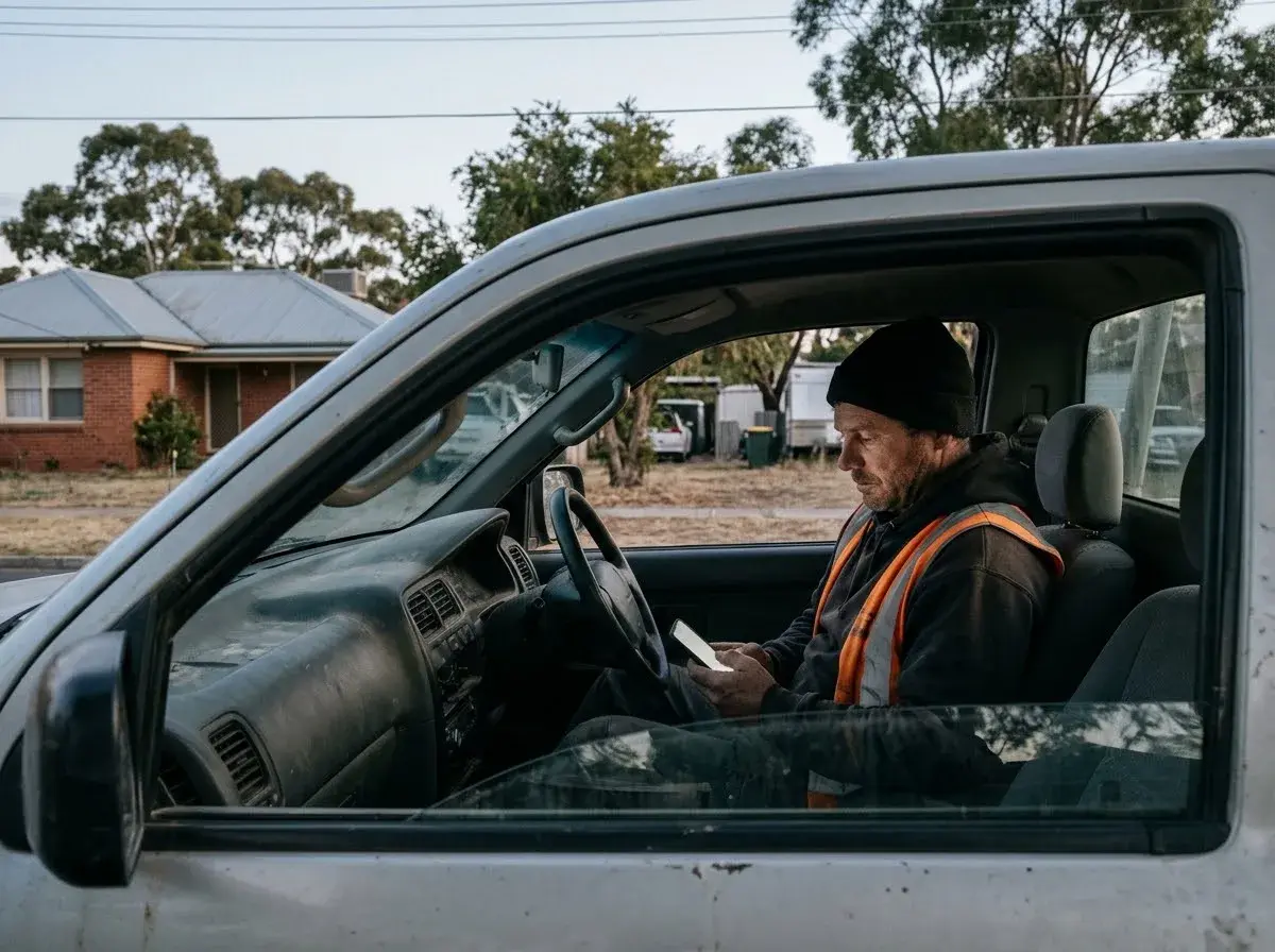 A construction worker in his ute checks an empty work roster on his phone.