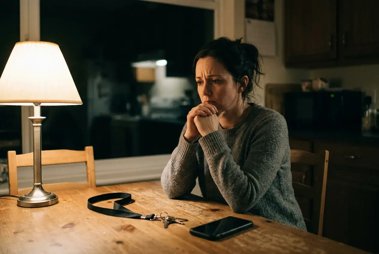 A worried woman sits alone at a kitchen table at night beside her phone and work keys.