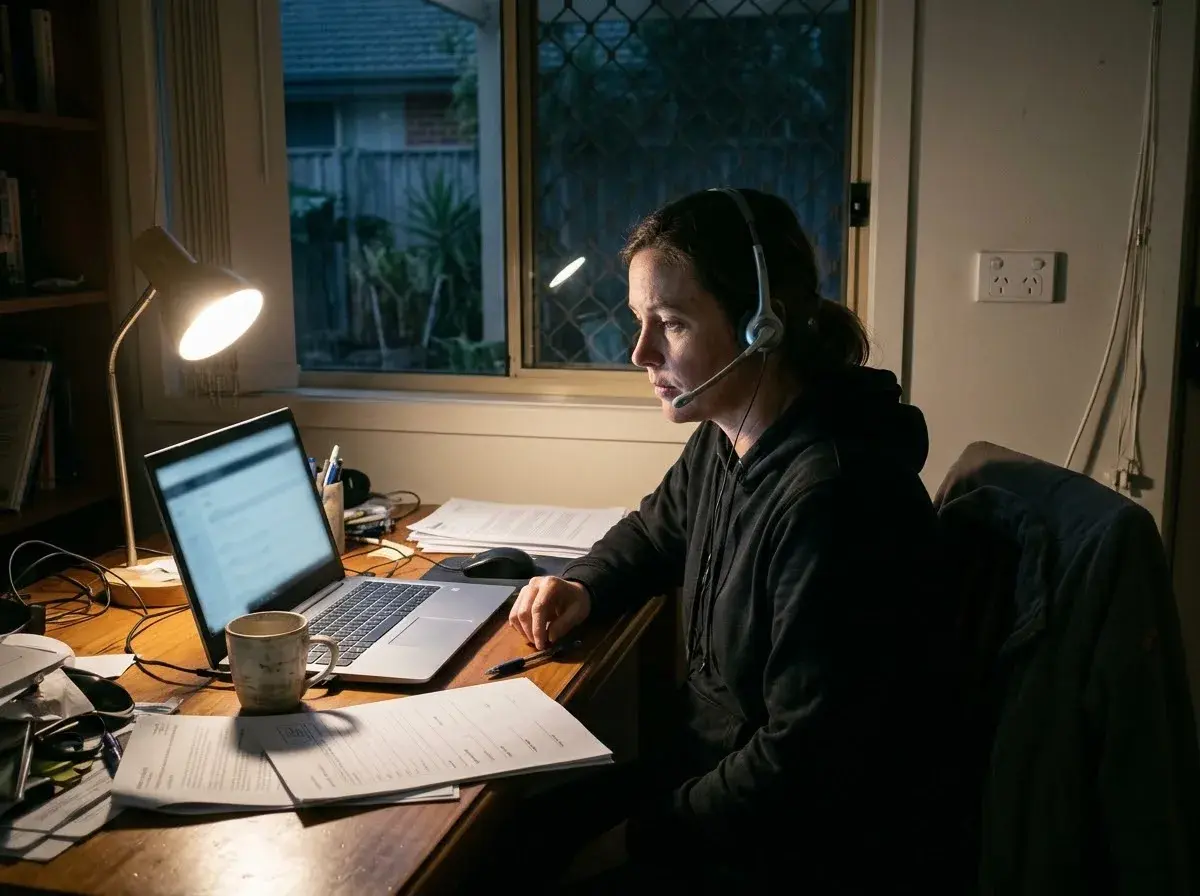 A call centre worker on a night shift at her home desk, with an unsigned agreement beside her keyboard.