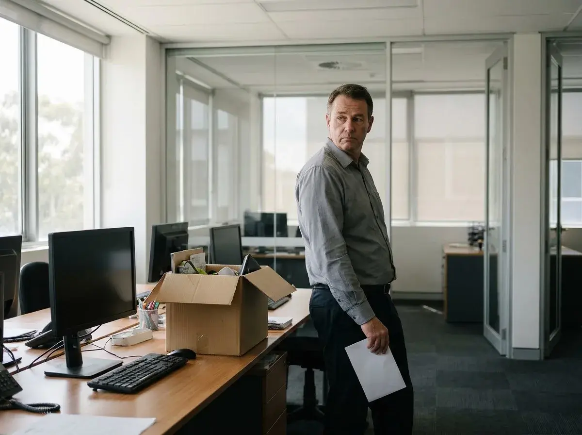 An office worker holding a letter looks back from a shared desk towards the glass offices.