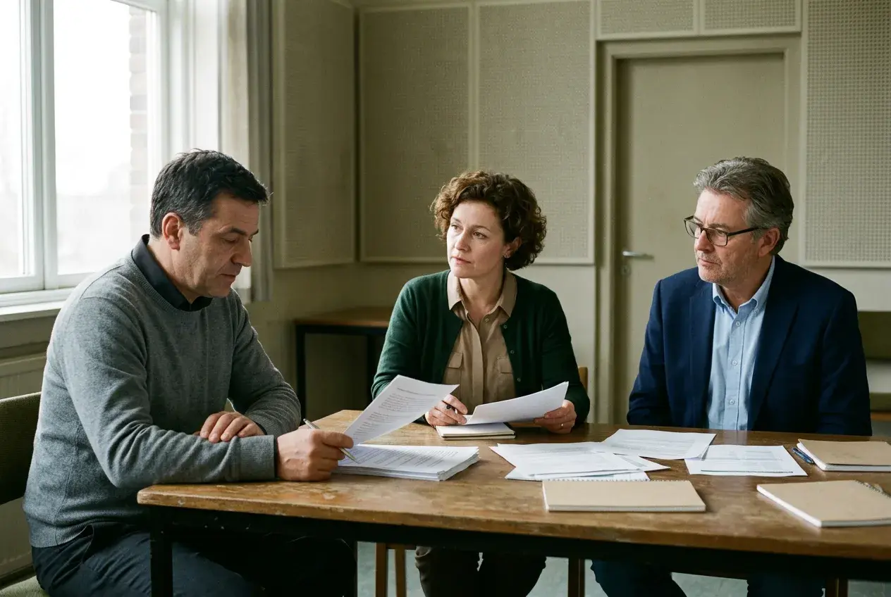 A worker and an employer representative at a table with a conciliator between them.