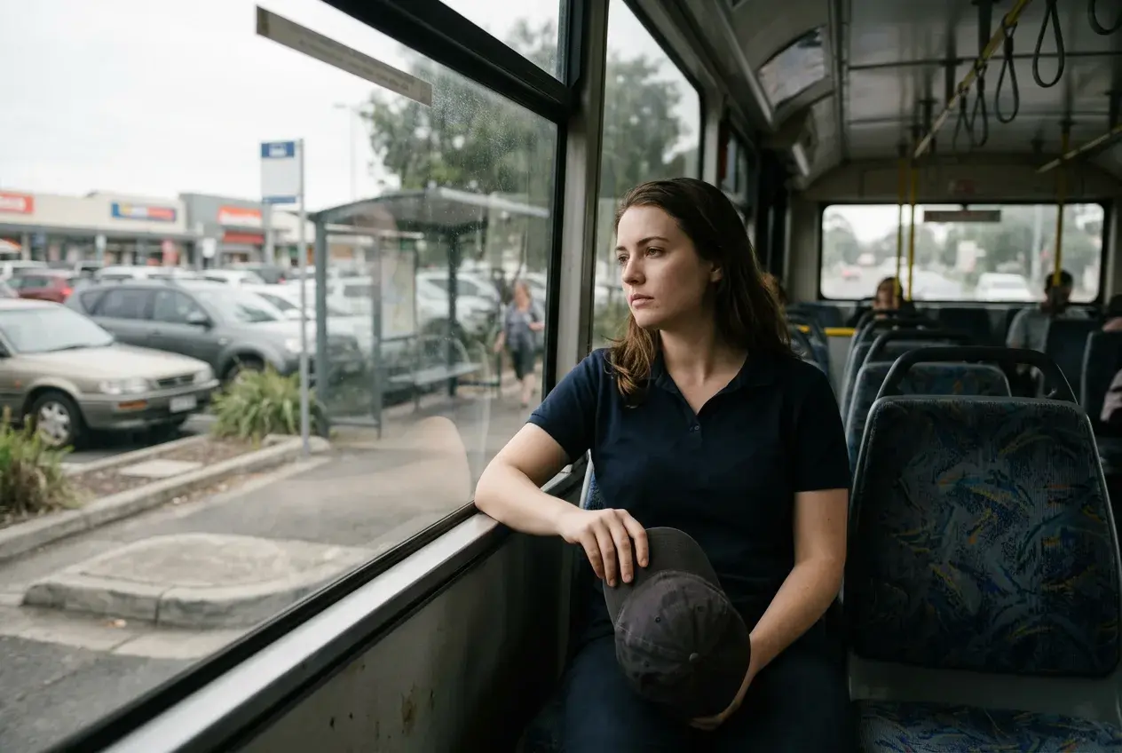 A young fast-food worker sits on a bus, unable to get off at her stop near work.