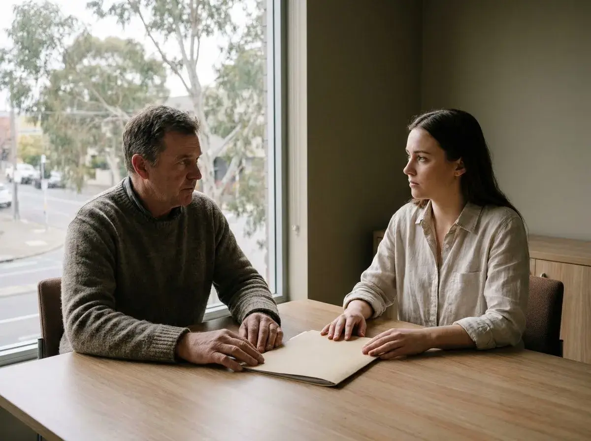 An employer and an employee in a serious meeting, with a closed folder on the table between them.