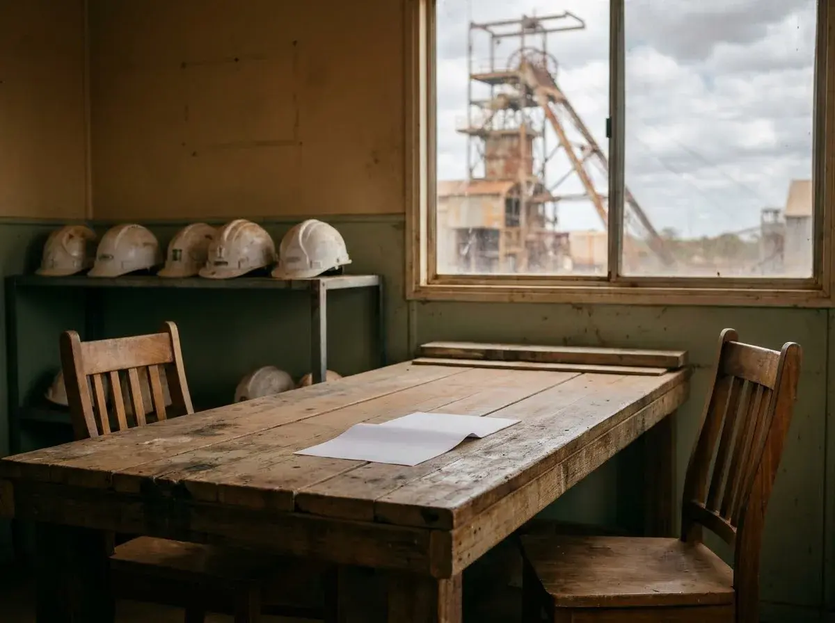An empty meeting room at a coal mine office with a single letter left on the table.