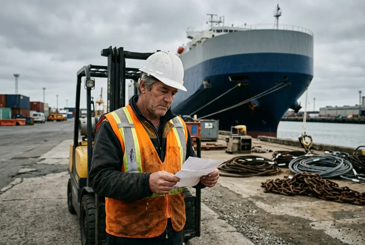 A dock worker on a wharf beside a forklift reading a letter, with a cargo ship and lashing chains behind him.
