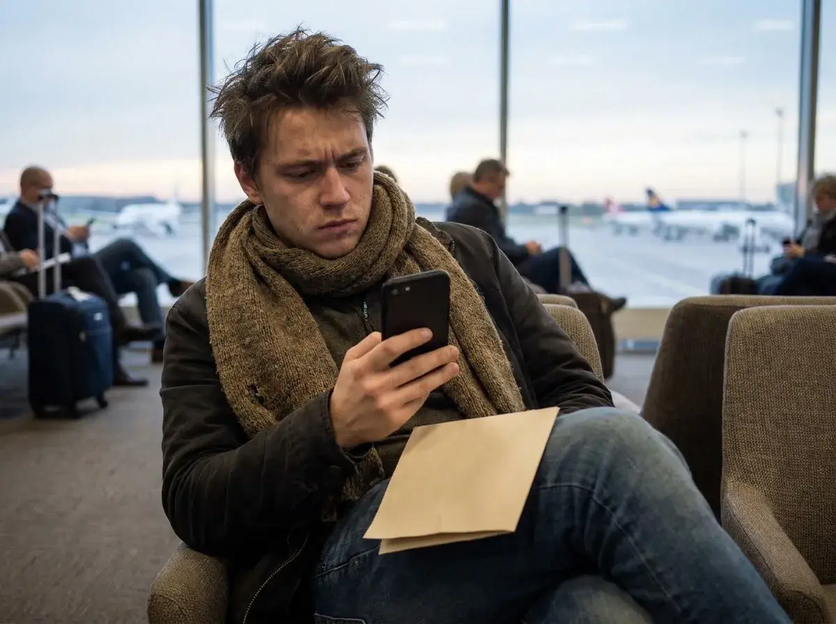A young man in a scarf checks his phone in an airport departure lounge, a folded paper on his knee.