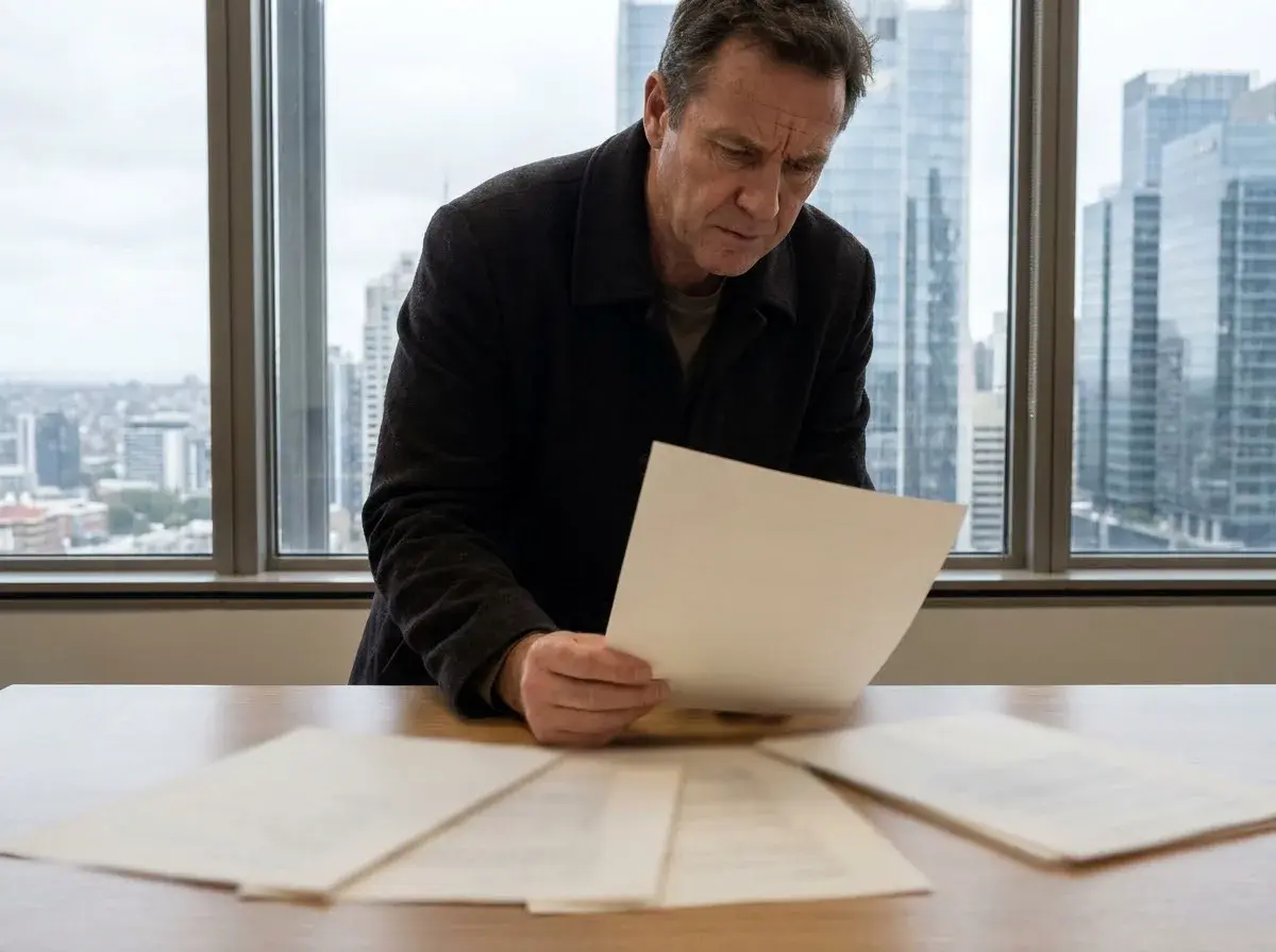 An executive compares a row of employment letters from different years at his office desk.