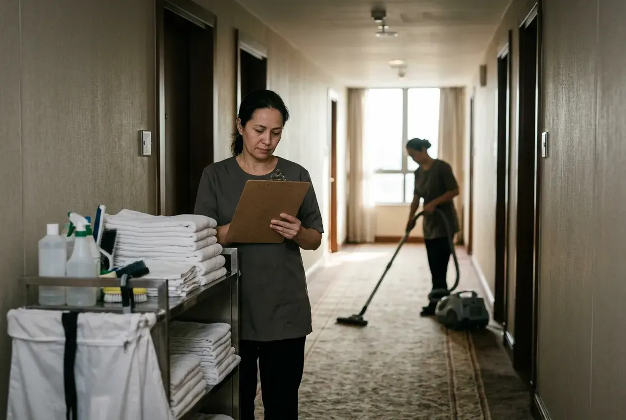 A hotel housekeeper beside her linen trolley reads a form on a clipboard in a corridor while a colleague vacuums nearby.