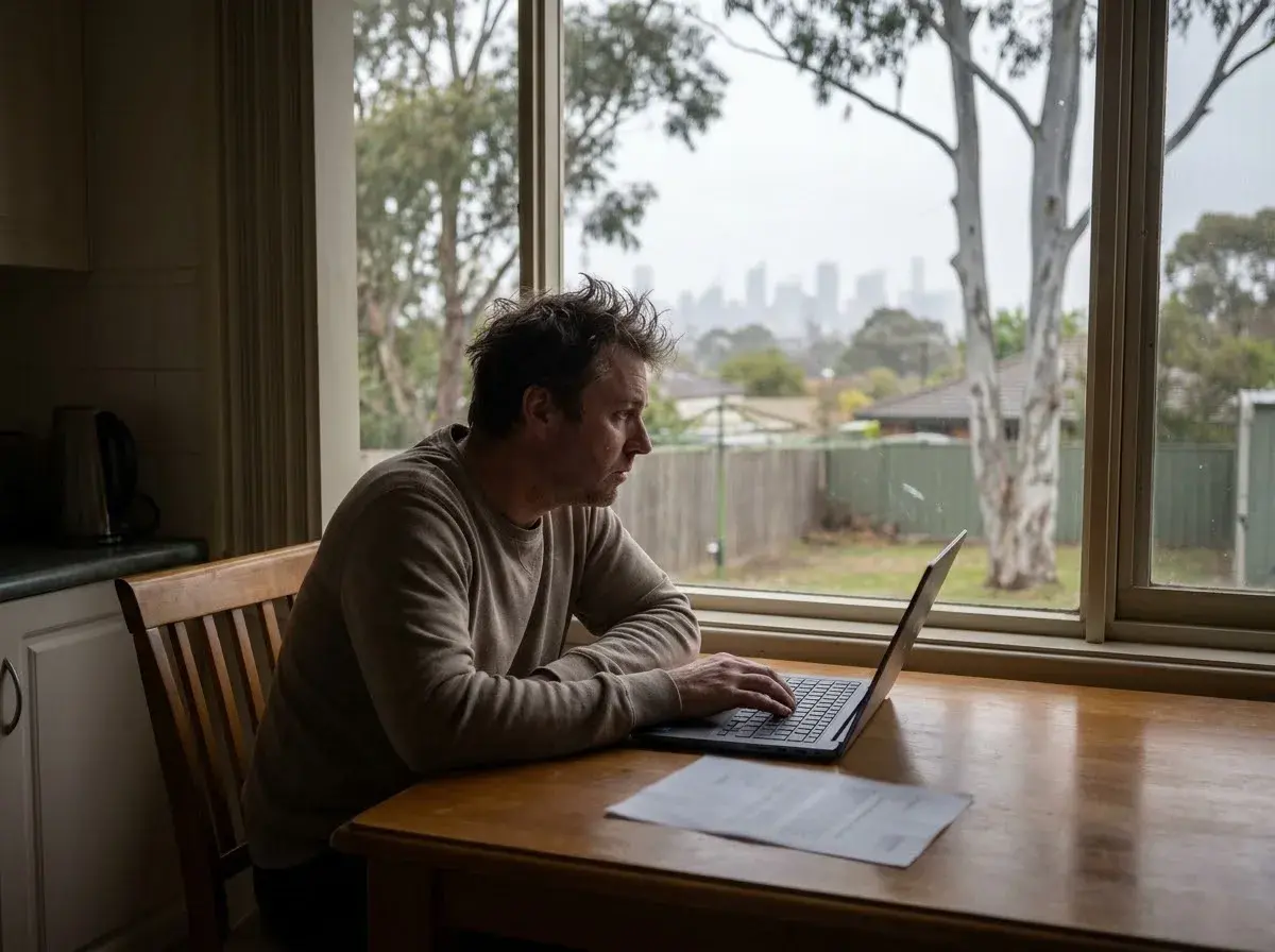 A man working at a laptop at his kitchen table reads a printed letter, with a city skyline visible through the window.