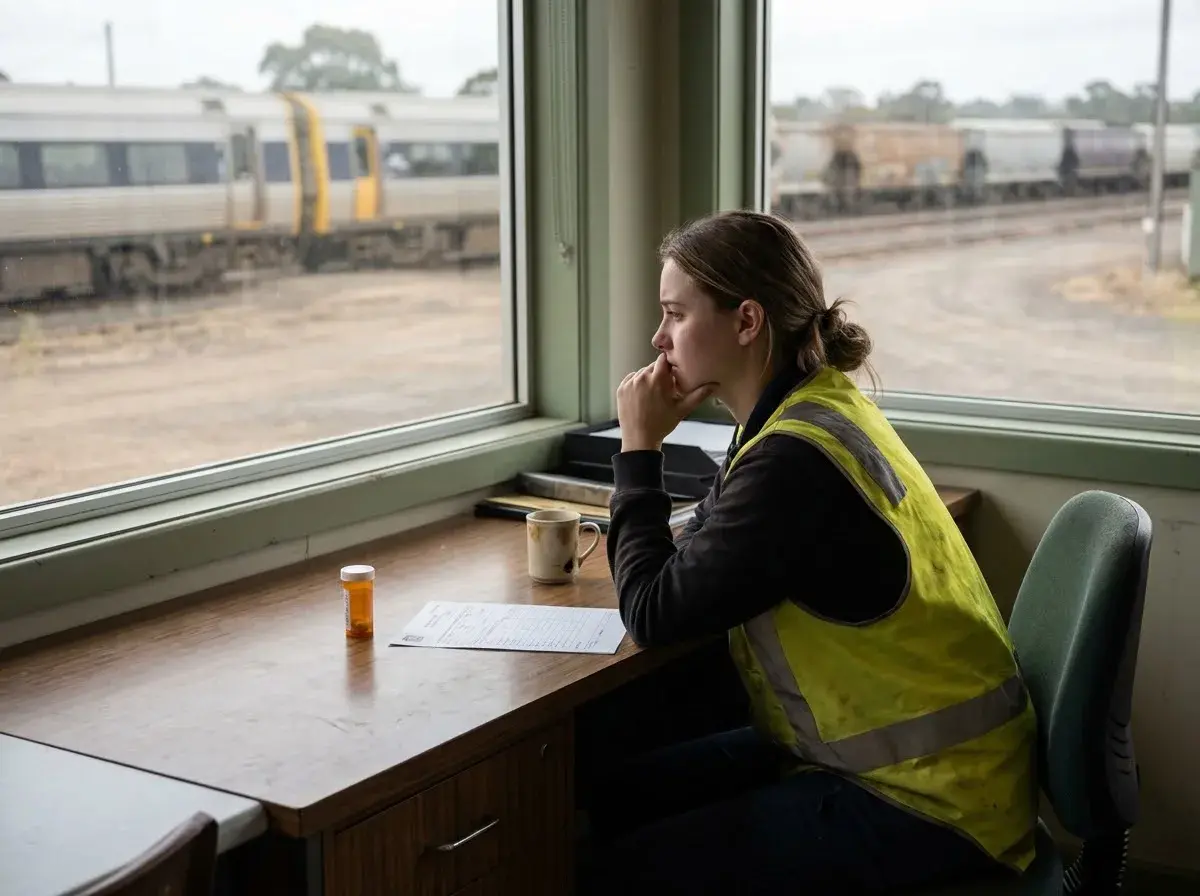 A trainee train driver sits at an office desk with a medical form, trains passing outside the window.