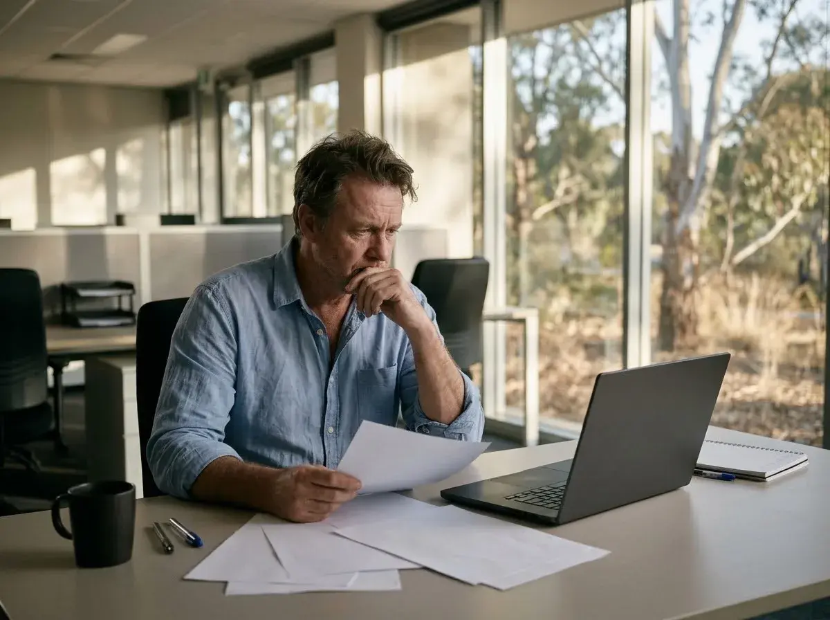 A manager sits alone at an office desk studying a printed performance plan, looking uncertain.