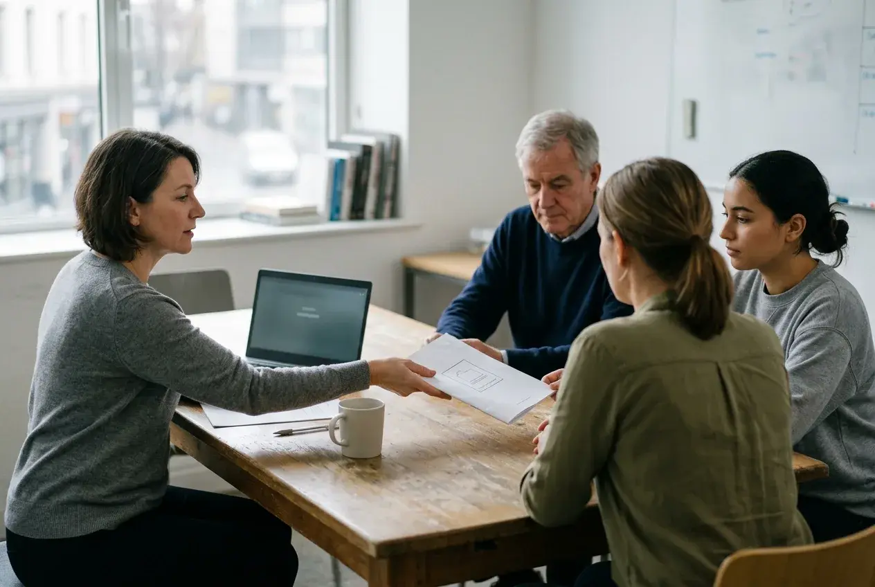 An HR manager hands a printed workplace policy across a meeting table to three employees.