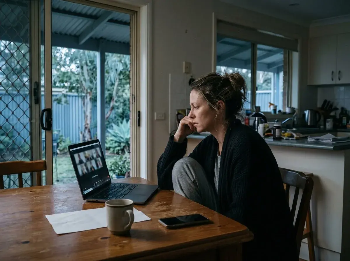A woman at her kitchen table looks away from a laptop showing an online team meeting, a printed letter face down beside her.