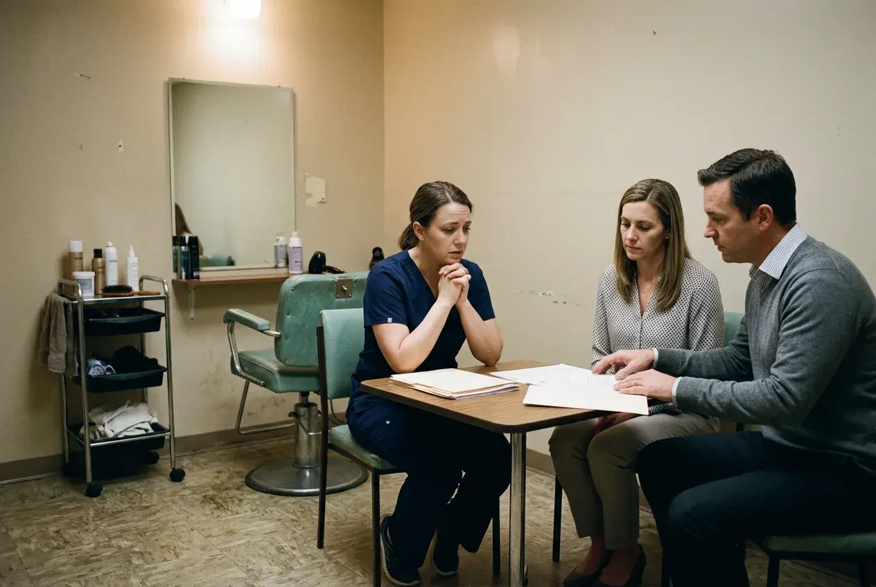 A nurse in scrubs meets two managers in a small windowless room with a hairdresser's chair in the corner.