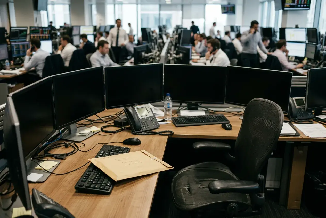 An empty trading desk with dark screens and a letter on the keyboard, while other traders work in the background.