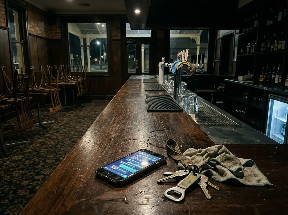 A phone showing a group chat lies on an empty bar counter beside a set of keys after closing time.