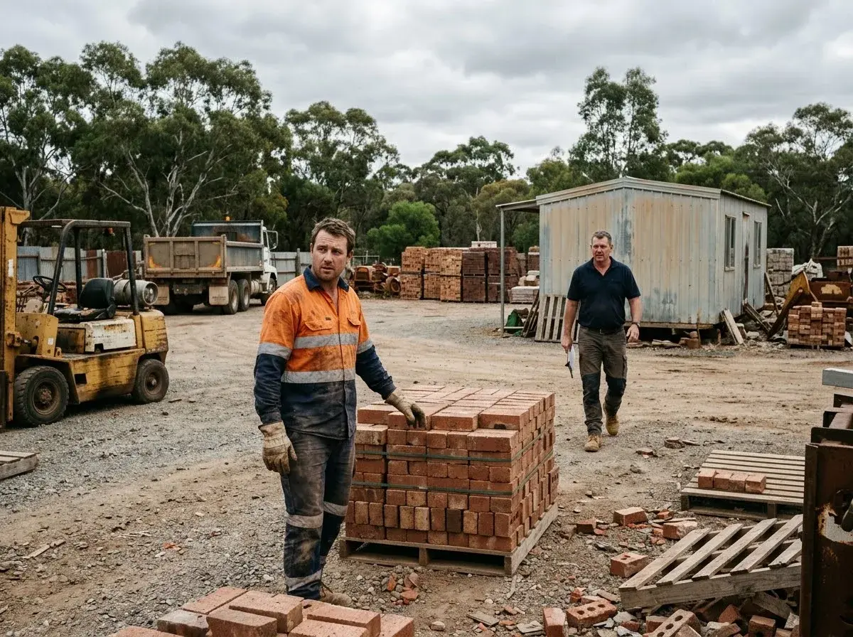 A labourer beside a pallet of bricks in a brickworks yard watches a manager approach from the site office.