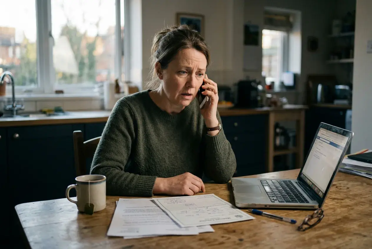 A woman at her kitchen table on a phone call, a medical certificate and tribunal papers in front of her, looking dismayed.