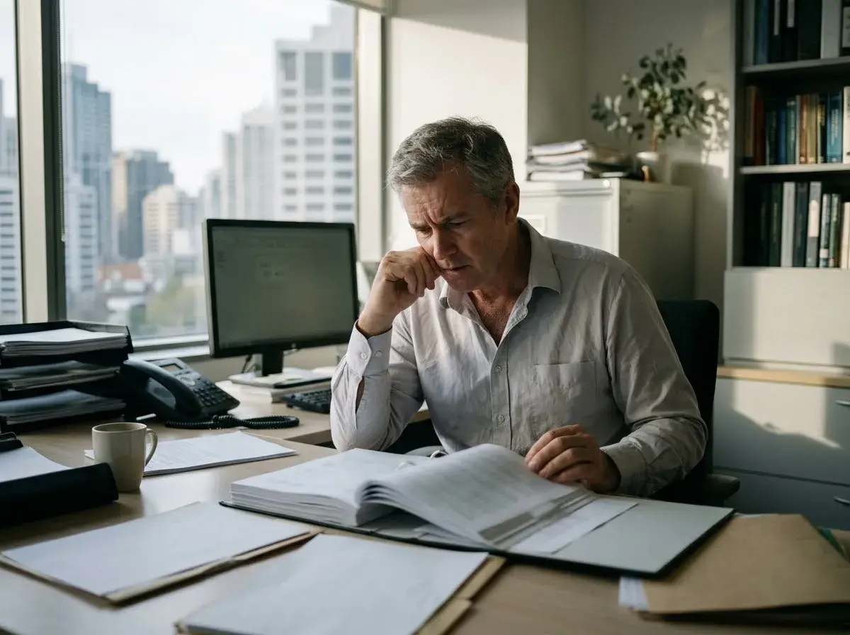 An investment adviser at his desk comparing a commission statement with an award document.