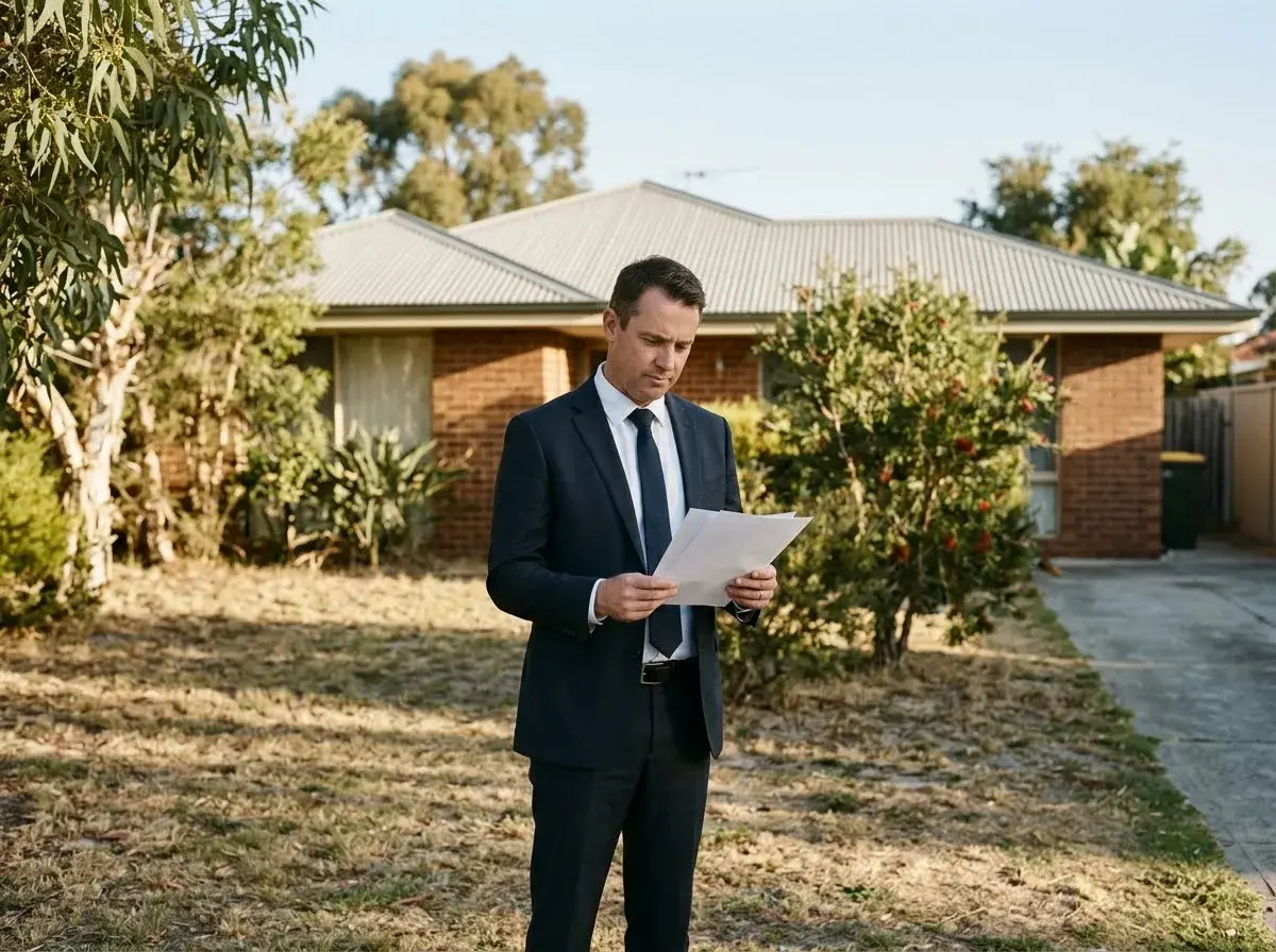 A real estate agent outside a sold house reading the leave clause in his employment contract.