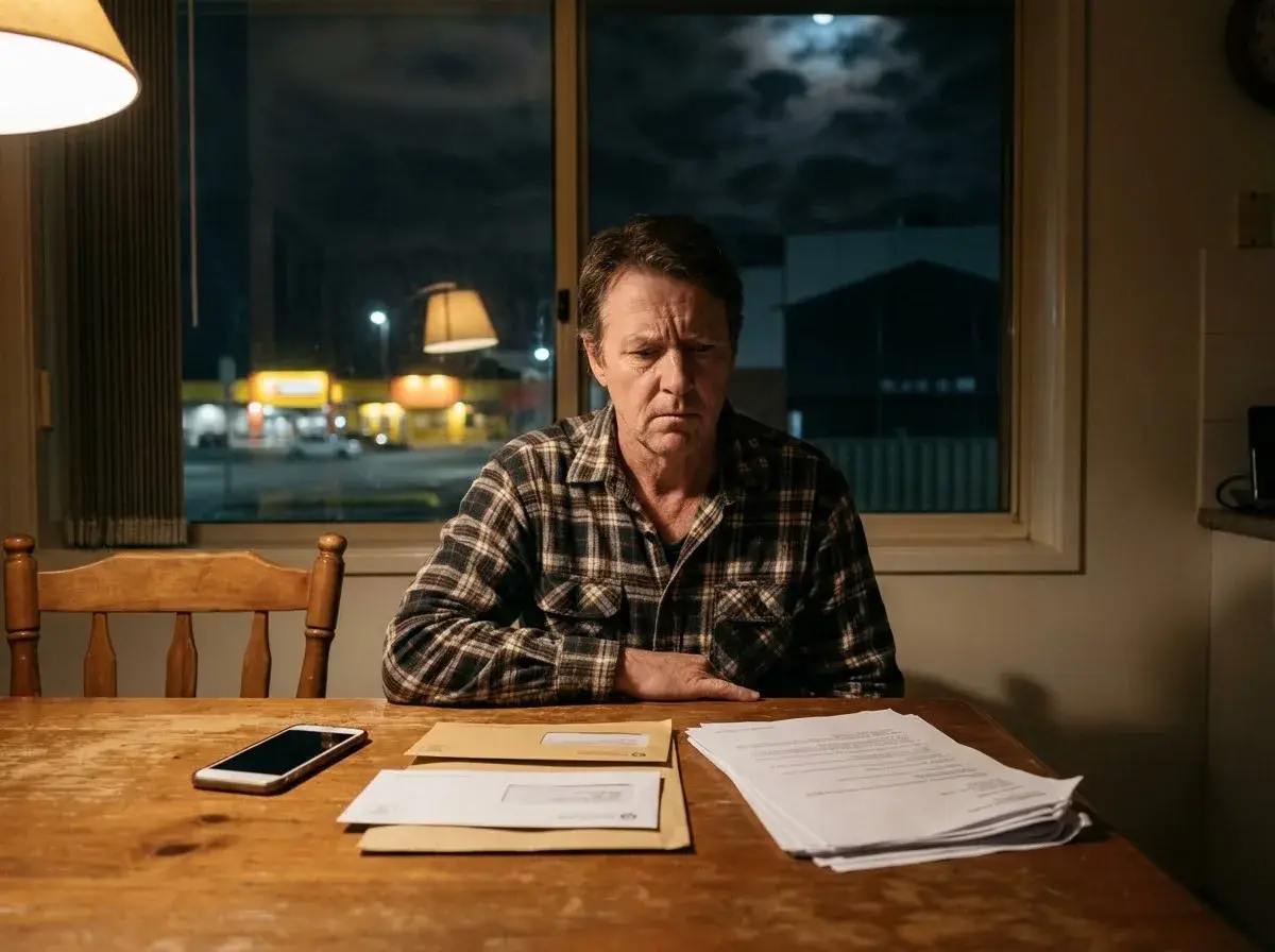 A worker at a kitchen table with a tribunal order and payslips, waiting for payment that has not come.