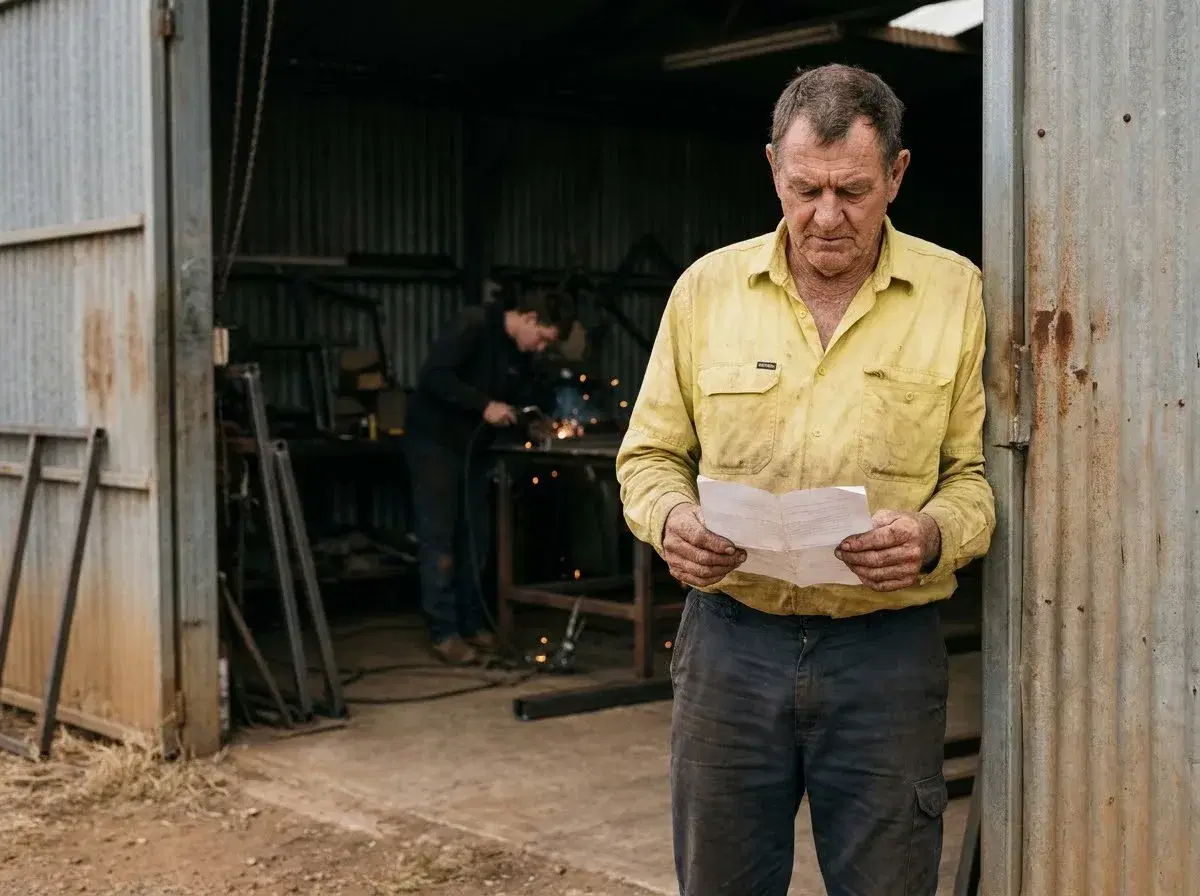 An older worker holding a termination letter at the shed door while a co-worker carries on his work inside.