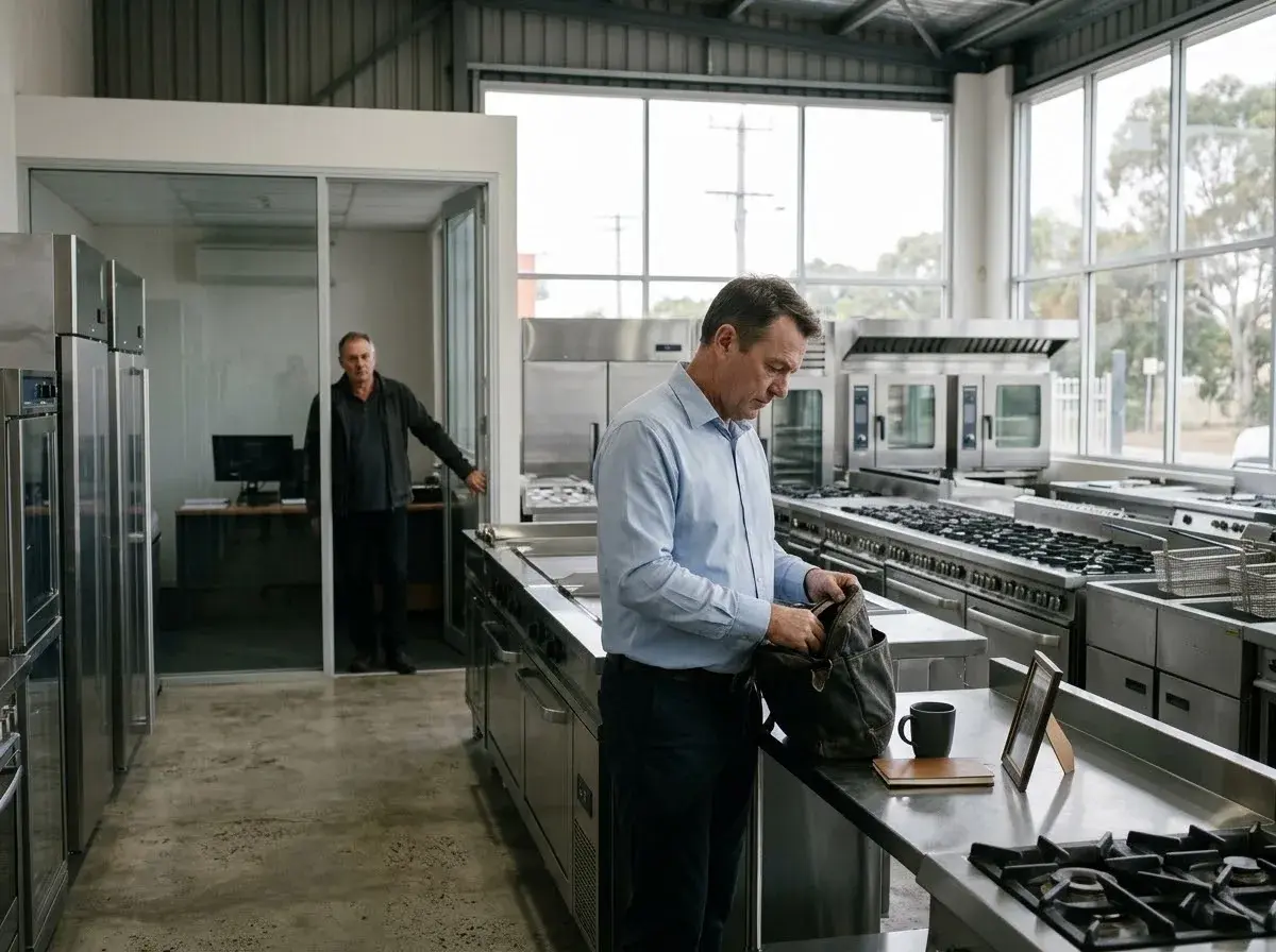 A salesman packs up his desk in an equipment showroom while a manager watches from an office doorway.