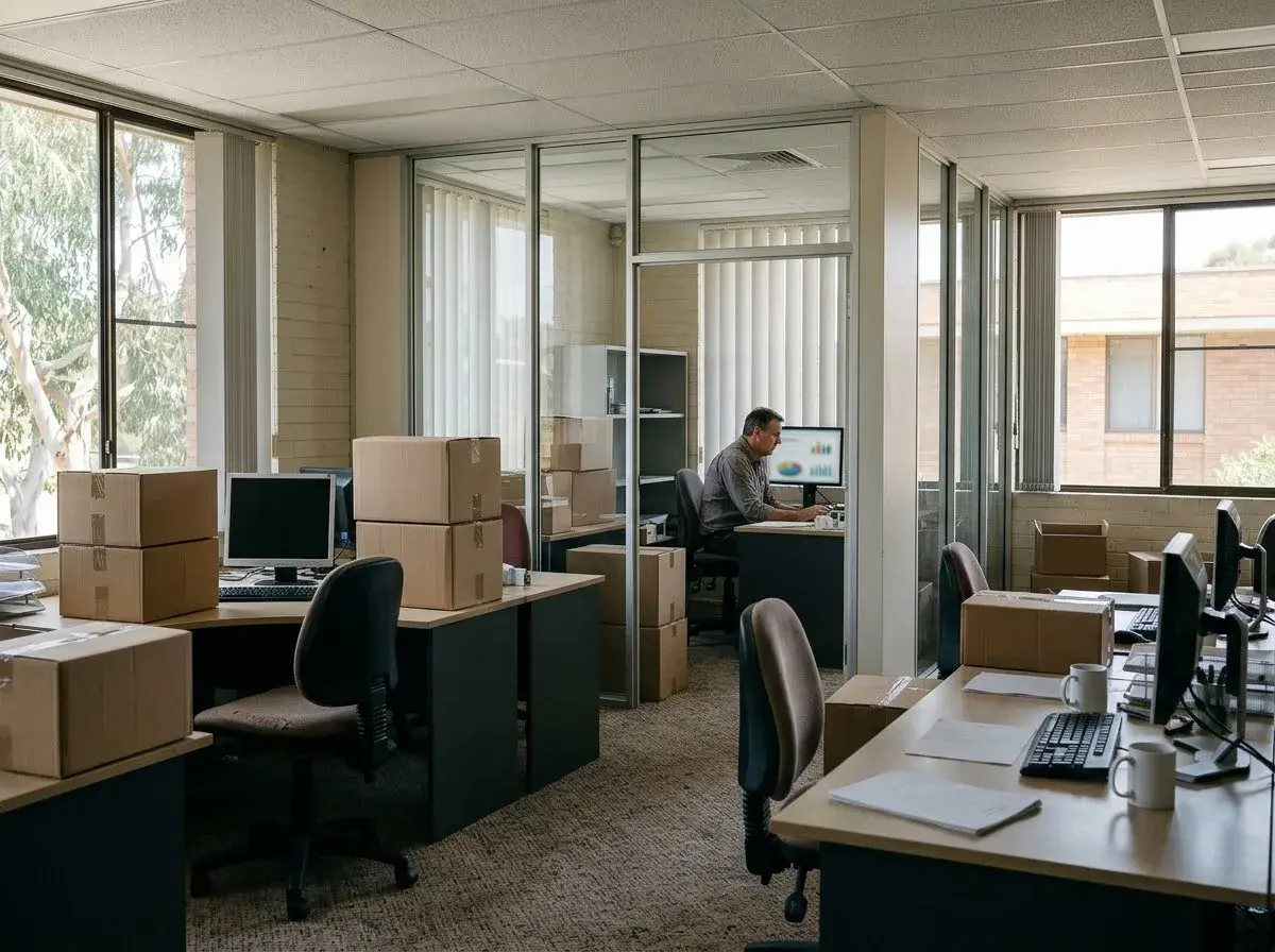 A half-empty technology office after redundancies, with a manager studying cash flow figures in a back office.