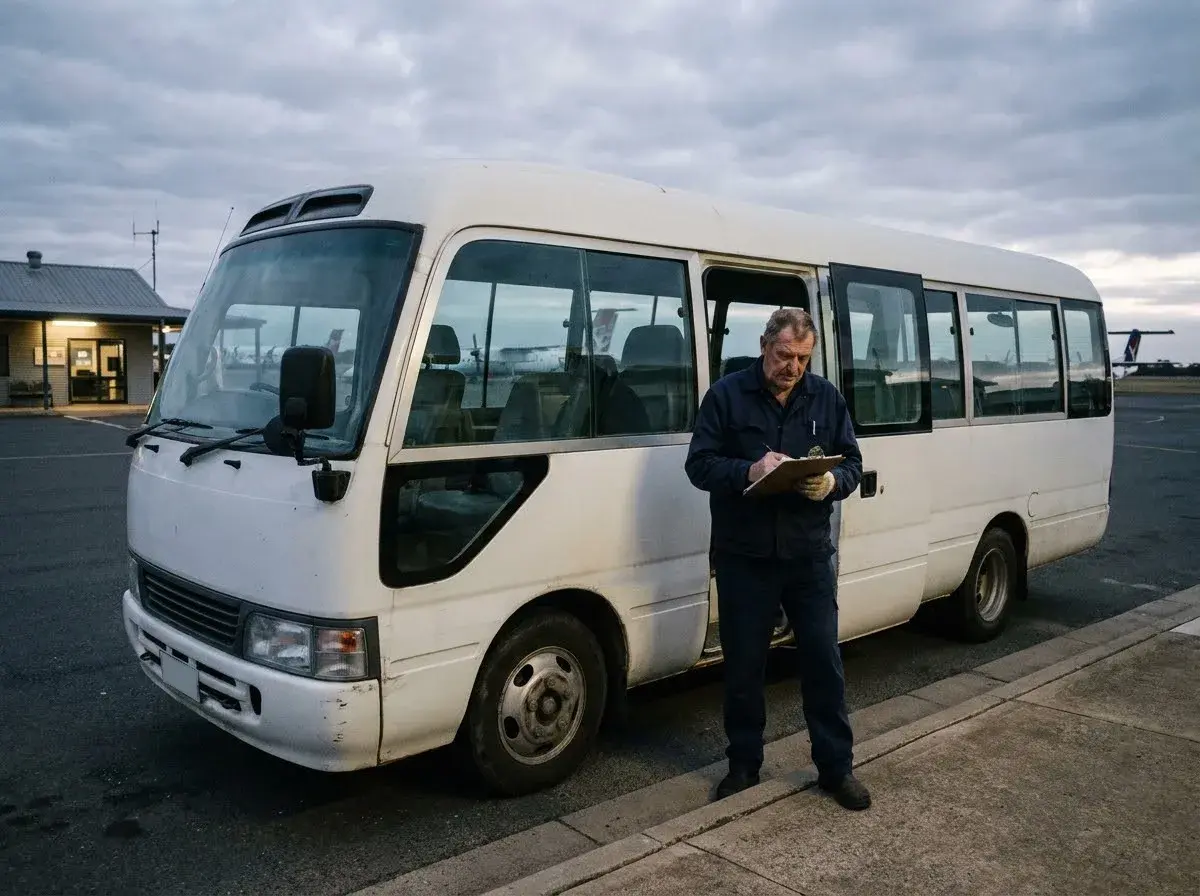 An older shuttle bus driver checks his run sheet beside his minibus at a regional airport before dawn.