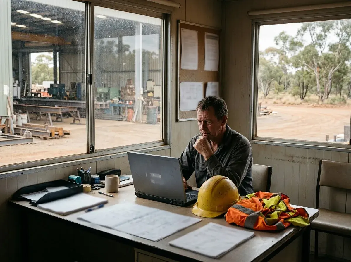 An engineer in a site office beside a fabrication workshop reads an email about a transfer, looking unsure.