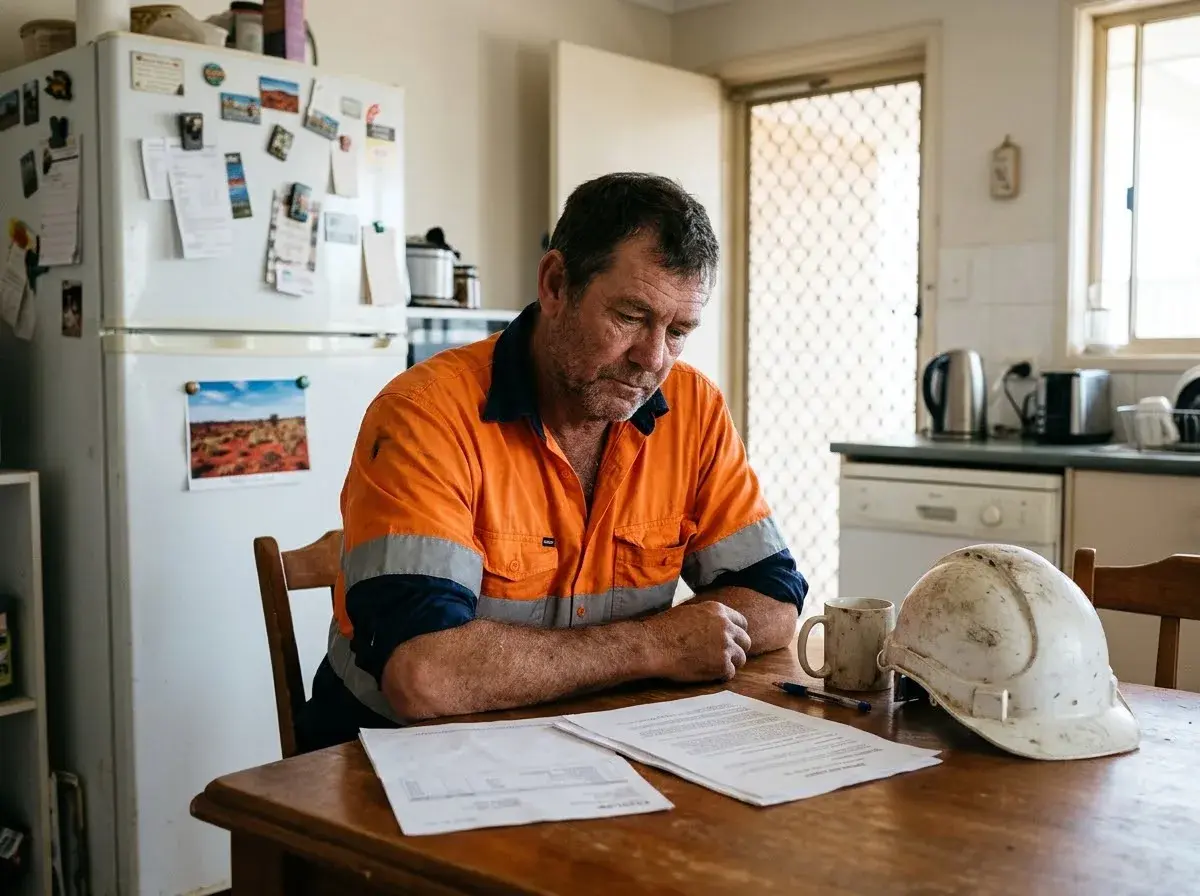 A mine-site supervisor at his kitchen table studying a payslip and employment contract beside his hard hat.