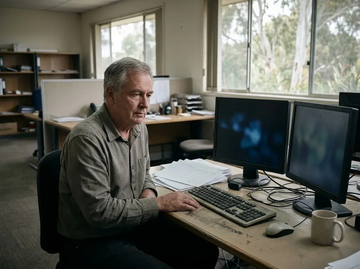 An older IT worker at his office desk with database screens, pay slips and a timesheet.