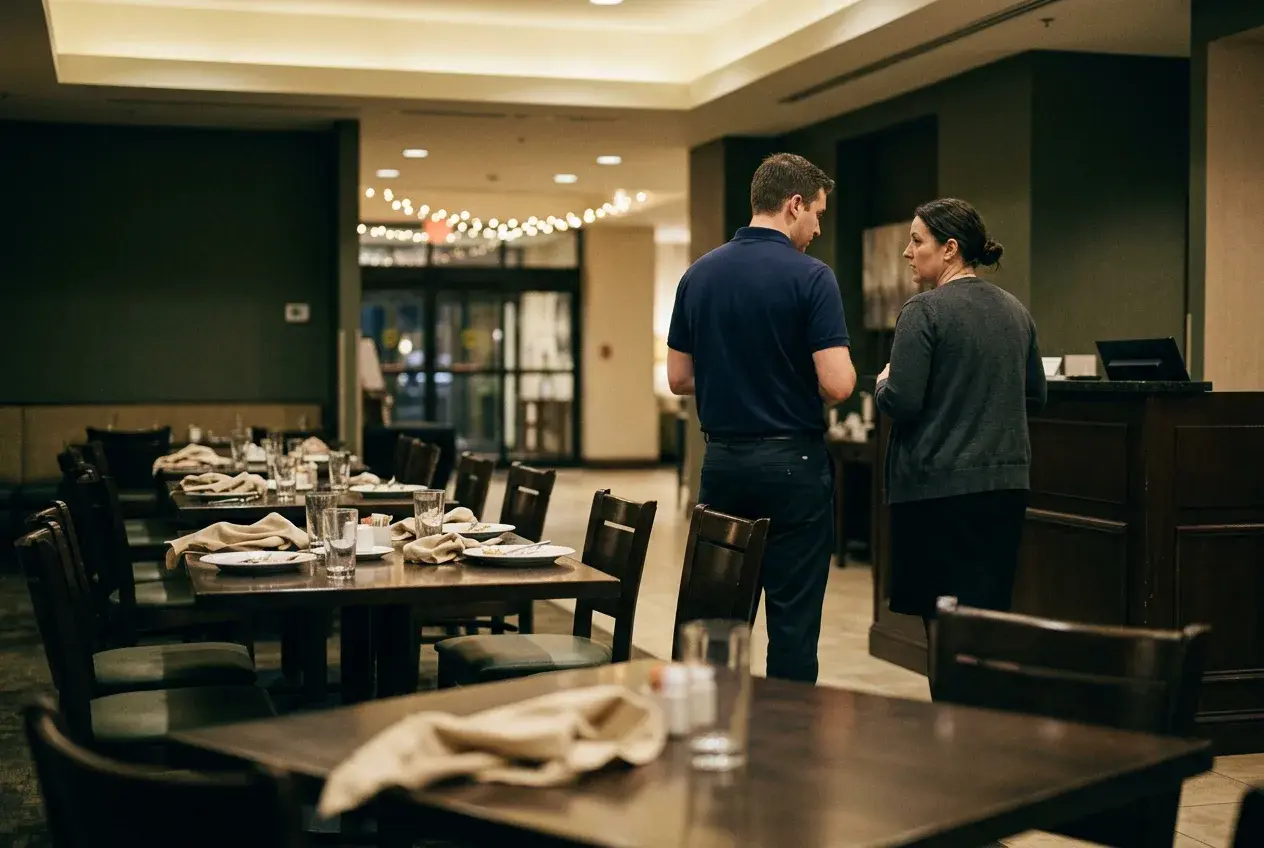 An empty hotel dining room after a work function, with a staff member talking to a manager at reception.