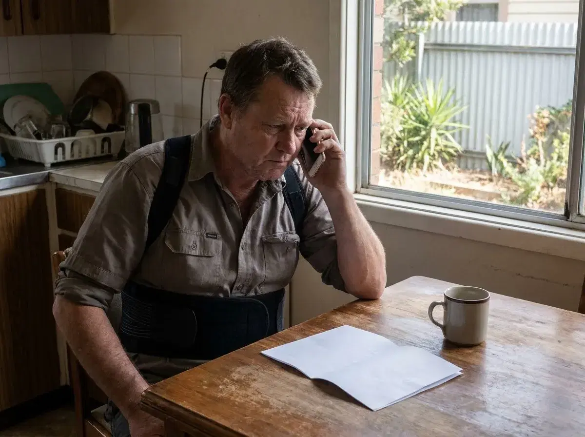 An injured worker in a back brace phones his workplace from his kitchen table.