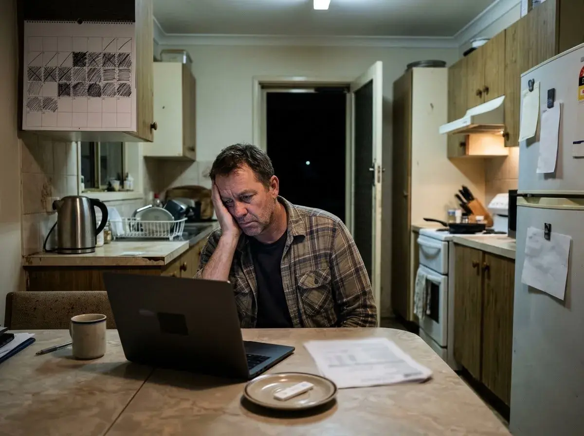 A man at a kitchen table with a laptop and a form, a calendar of crossed-off days behind him.