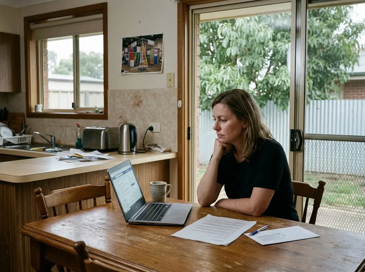 A woman at a kitchen table reads a job advertisement on her laptop beside a redundancy letter.