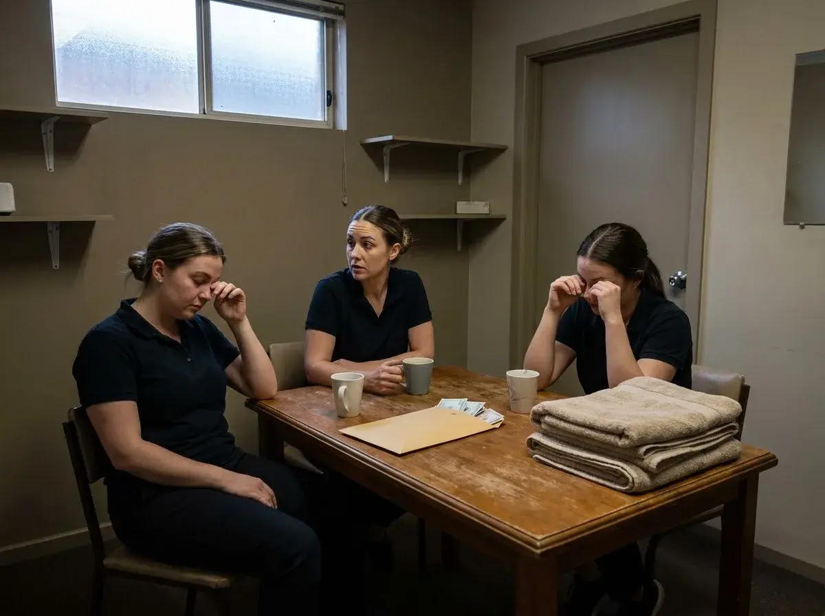 Tired massage therapists sit in a clinic back room after closing with an envelope of cash on the table.