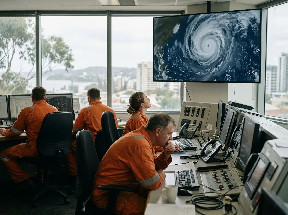Offshore crew members working in a city control room while a cyclone shows on a weather screen.