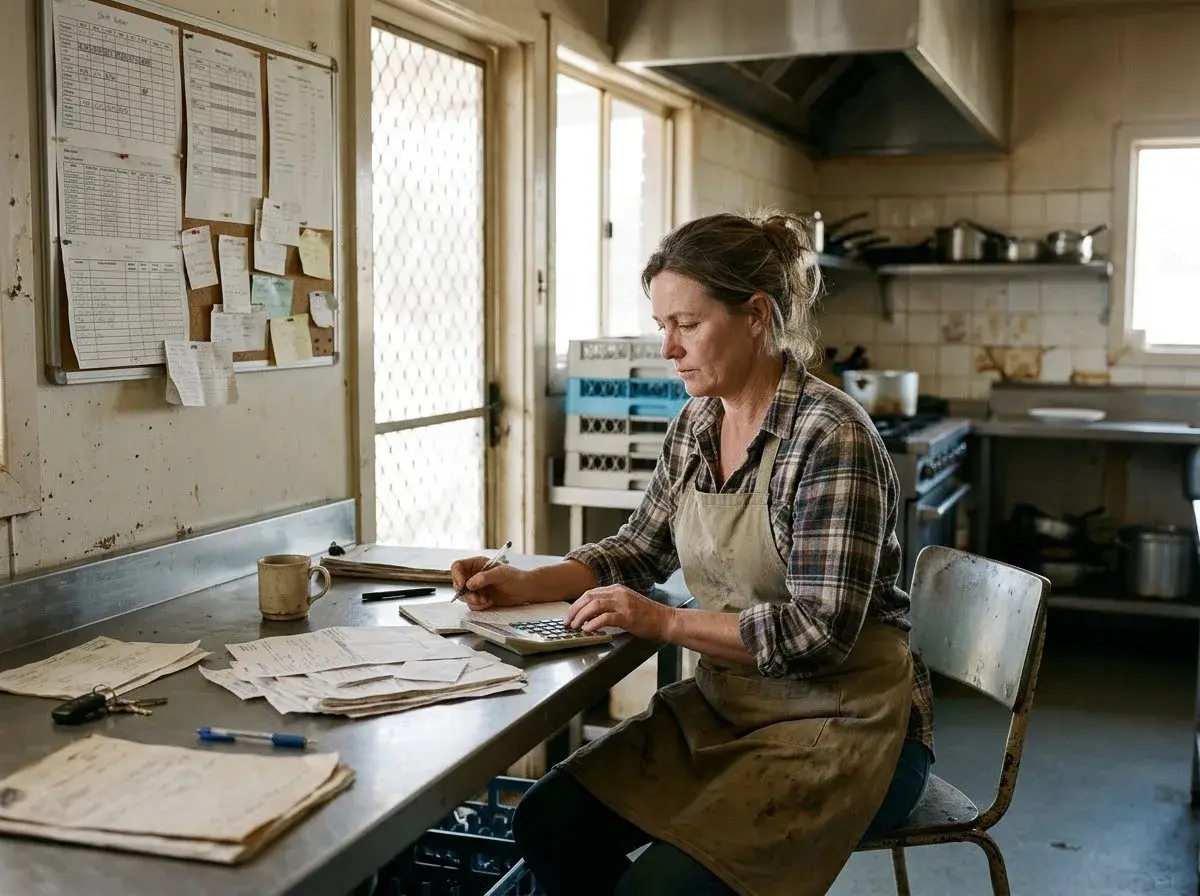 A kitchen worker at a steel bench works through old payslips and bank statements with a calculator.