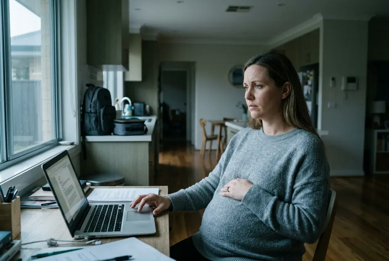 A pregnant mother working at a desk at home early in the morning, with her child's school bag nearby.