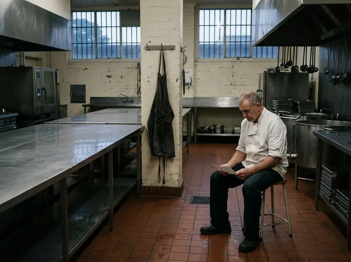 An older kitchen instructor sits alone in an empty prison kitchen reading a letter.