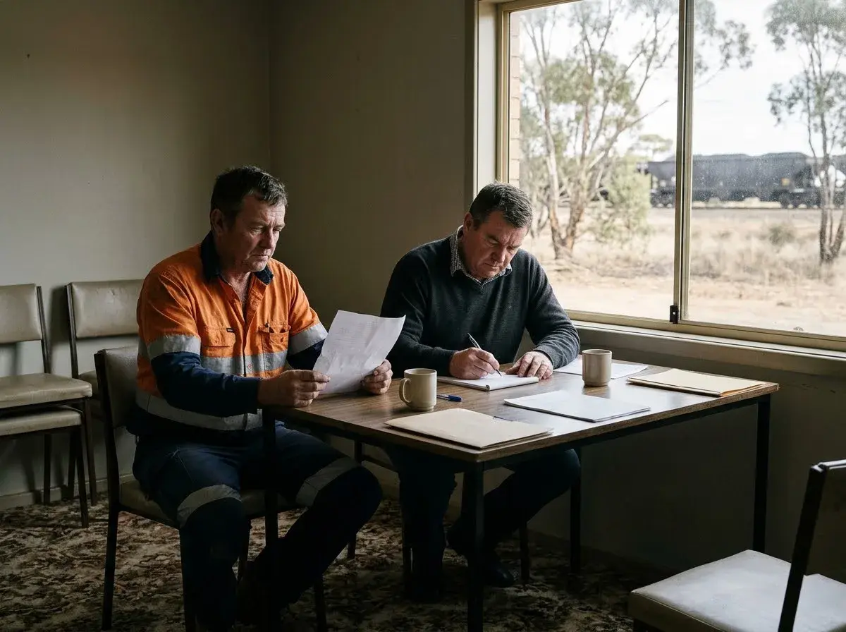 A rail worker and his union representative reading a show cause letter in a meeting room, with a coal train visible outside.