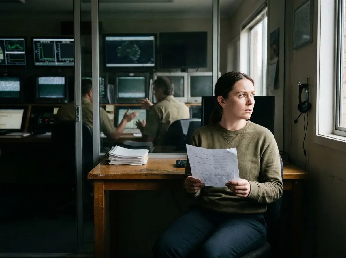 A manager in an alarm monitoring room holds a letter while two managers talk in the room behind the glass.