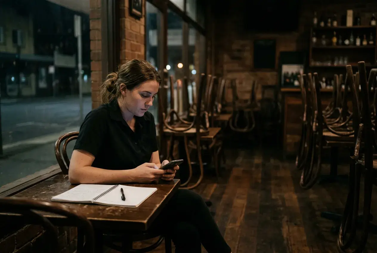 A bar worker sits in an empty bar after closing, looking back through text messages on her phone beside an open notebook.