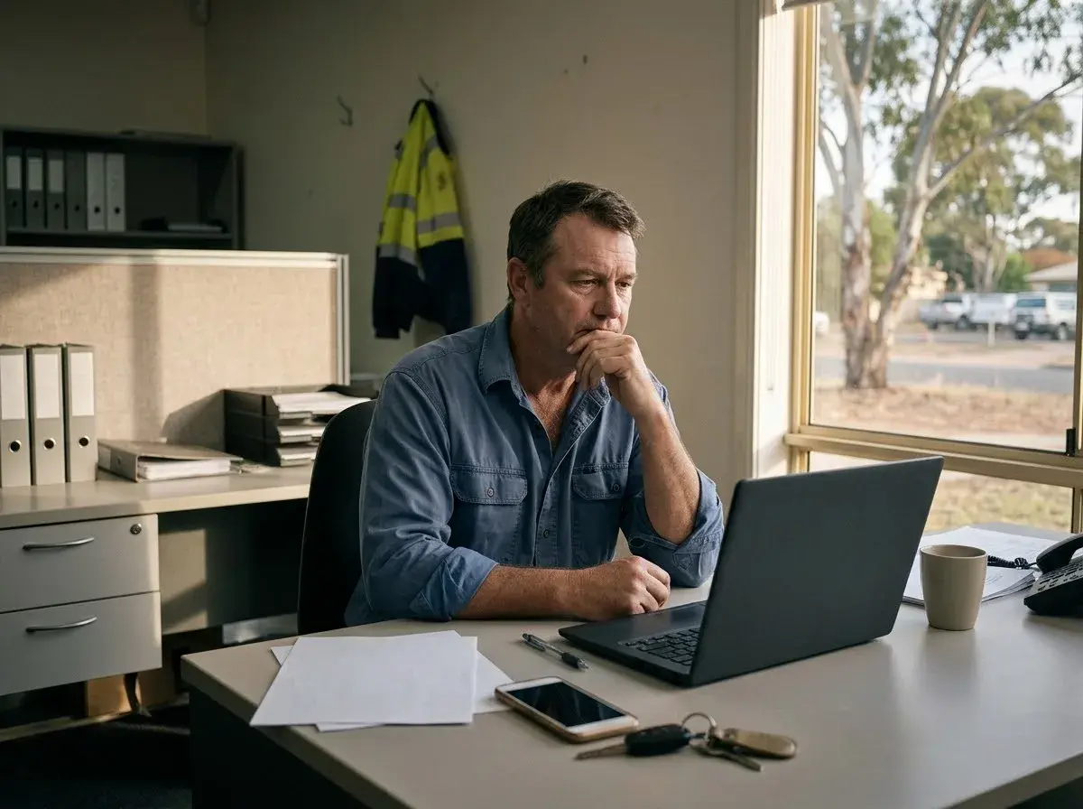 A salesman at an office desk looks over a monthly invoice beside a company laptop, business cards and his own phone and car keys.