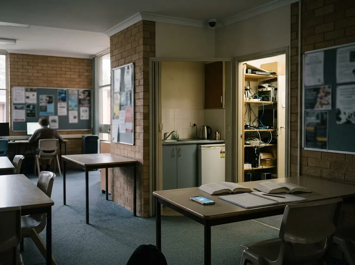 An unlocked work phone on a desk in a school IT storeroom, with a security camera watching the doorway.