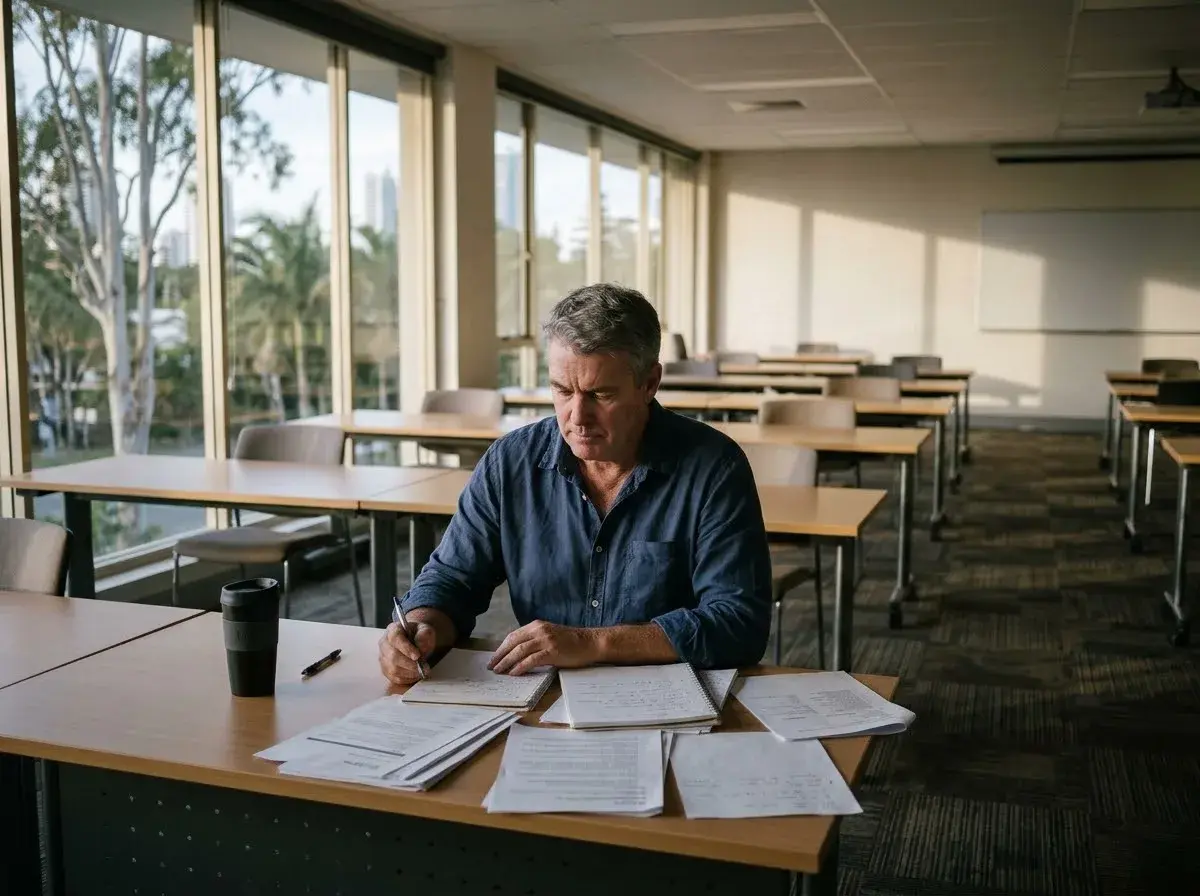A training manager sits in an empty training room going through printed emails and meeting notes.